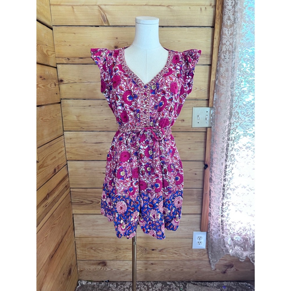 Boho Mini Dress Womens Medium Pink Floral Blue Border Print Viscose Black Tape
